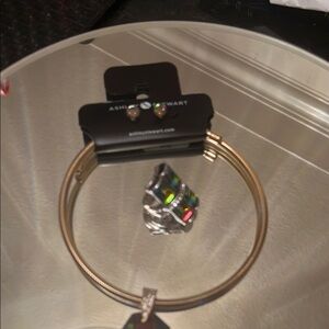 Gold Bangle Bracelet with Colorful Stone Ring